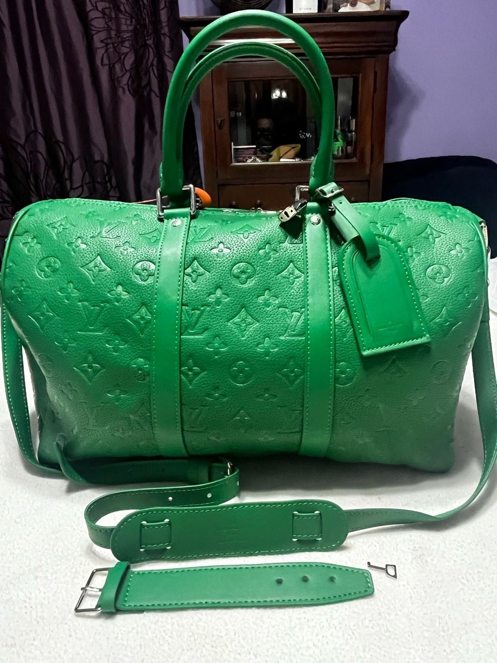 💚 Louis. Vuitton. Green Colormania Embossed Keepall Silver Tone Hardware Bag 💚